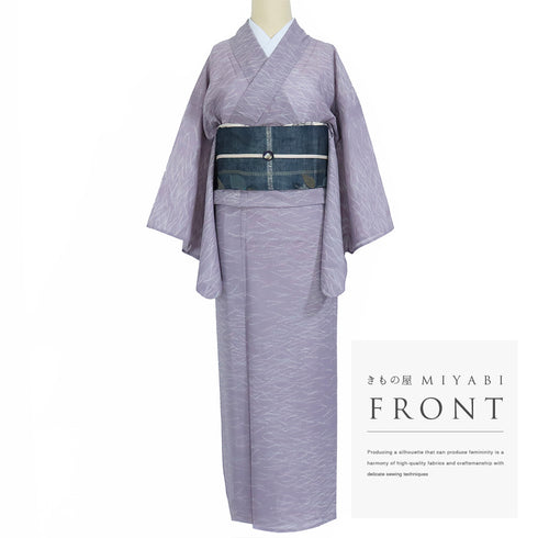 小紋 リサイクル 夏着物 身丈156.8cm 裄64.8cm 絽 松葉柄 パープル Mサイズ お洒落 ポリエステル 洗える着物 広衿 Sランク