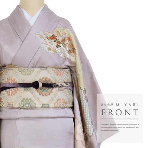 訪問着 リサイクル 身丈164.3cm 裄66.2cm 袷 雪取に松菊柄 箔 金駒刺繍 パープル Lサイズ セミフォーマル フォーマル 落款 しつけ糸 正絹 広衿 Sランク