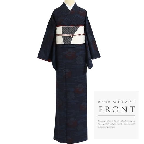 紬 リサイクル 身丈165.3cm 裄66.6cm 袷 結城紬 雪輪柄 ネイビー Lサイズ カジュアル お洒落 証紙 しつけ糸 正絹 広衿 Sランク