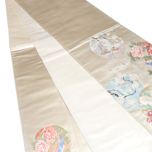 袋帯 リサイクル 帯丈440cm ポイント柄 丸に花や鳥柄 ゴールド Mサイズ 正絹 Sランク お洒落 カジュアル