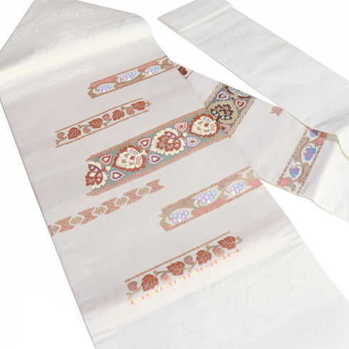 名古屋帯 リサイクル 帯丈380.5cm ポイント柄 花唐草柄 ベージュ Lサイズ 不明 Aランク お洒落