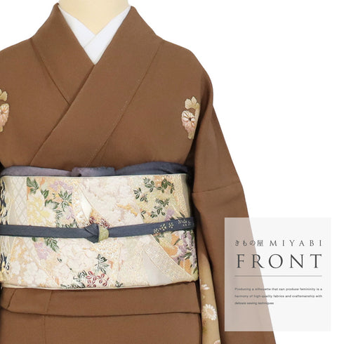 付下げ リサイクル 身丈168cm 裄69.6cm 袷 牡丹 四季花 プラチナガード加工 金駒刺繍 花井幸子作 ブラウン LLサイズ セミフォーマル お洒落 三つ紋 正絹 広衿 Aランク