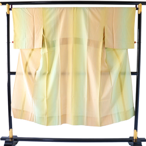 長襦袢 リサイクル 長襦袢 身丈136.3cm 裄68.4cm 袷 ゆったりサイズ 縞模様 ボカシ柄 後身頃居敷当て付き オレンジ Lサイズ お洒落 正絹 袖無双 Sランク