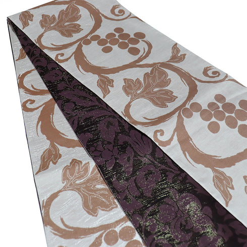 袋帯 リサイクル 帯丈464cm 全通 葡萄に草花柄 リバーシブル グレー LLサイズ 正絹 Sランク お洒落