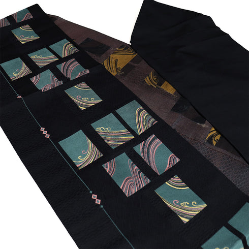 名古屋帯 リサイクル 帯丈355cm 六通 波柄 本場筑前 ブラック Sサイズ 正絹 Aランク お洒落 証紙