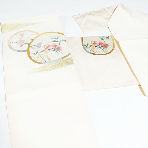 名古屋帯 リサイクル 帯丈364.5cm ポイント柄 丸に鴨や梅柄 つづれ織り ベージュ Mサイズ 正絹 Aランク お洒落