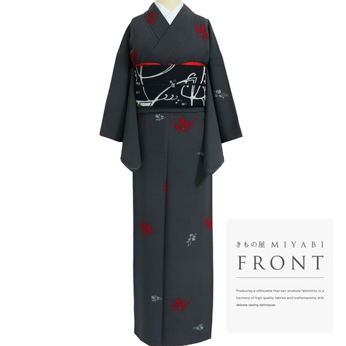 小紋 リサイクル 身丈161cm 裄65.6cm 袷 花柄 グレー Lサイズ お洒落 カジュアル 正絹 バチ衿 Sランク