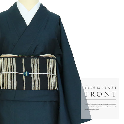 紬 リサイクル 身丈164.8cm 裄70.4cm 袷 裾柄 ネイビー Lサイズ お洒落 正絹 広衿 Aランク