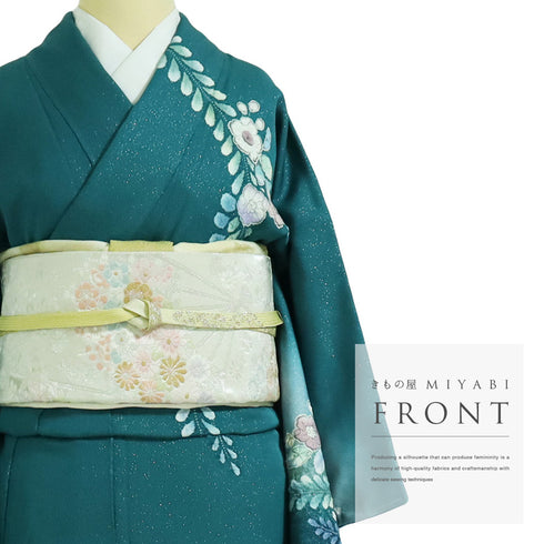 訪問着 リサイクル 身丈164cm 裄64.2cm 袷 付け下げ訪問着 辻ヶ花文様 絞り グリーン Lサイズ お洒落 正絹 広衿 Sランク