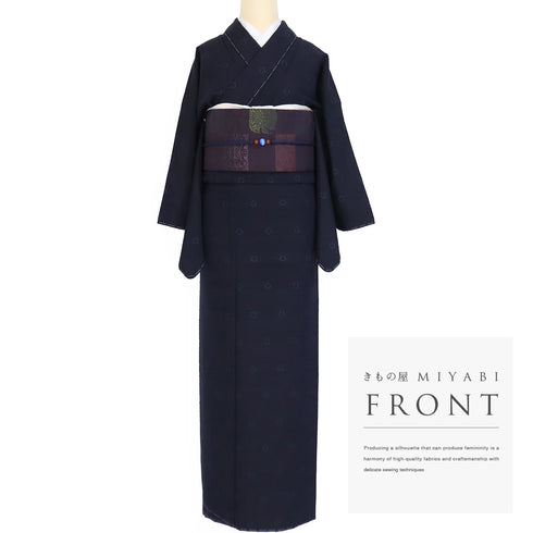 結城紬 リサイクル 身丈163.5cm 裄65.6cm 袷 絣丸輪柄 ネイビー Lサイズ お洒落 カジュアル 証紙 しつけ糸 正絹 広衿 Sランク