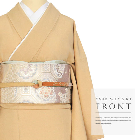 色留袖 リサイクル 身丈161.5cm 裄65.6cm 袷 本金箔 雲上花の宴 金駒刺繍 パールトーン加工済 ベージュ Lサイズ 落款 三つ紋 正絹 広衿 Aランク