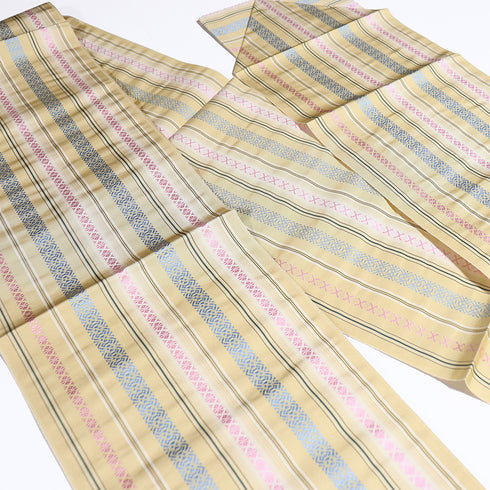 名古屋帯 リサイクル 帯丈365.5cm 全通 献上柄 イエロー Mサイズ 正絹 Sランク カジュアル お洒落