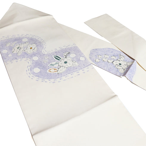 名古屋帯 リサイクル 帯丈364.5cm ポイント柄 花柄 塩瀬 ベージュ Mサイズ 正絹 Sランク お洒落