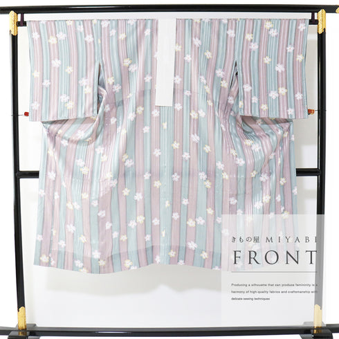 長襦袢 リサイクル 洗える長襦袢 身丈126cm 裄67.6cm 袷 縞に小花柄 地紋 刺繍半衿付き 多色 Lサイズ お洒落 ポリエステル 洗える着物 袖無双 Sランク