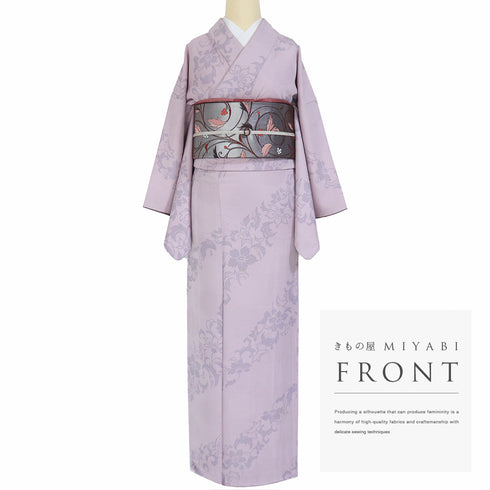 小紋 リサイクル 身丈158.8cm 裄65.2cm 袷 花唐草柄 地紋 箔 パープル Mサイズ お洒落 カジュアル 正絹 広衿 Aランク