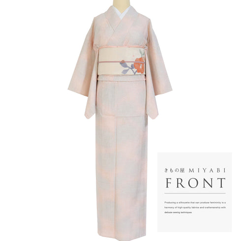 紬 リサイクル 身丈160.7cm 裄62.4cm 単衣 ぼかし柄 ピンク Lサイズ カジュアル お洒落 しつけ糸 正絹 バチ衿 Sランク