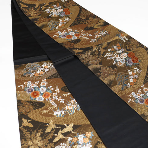 袋帯 リサイクル 帯丈432cm 六通 金糸 刺繍 花や鶴柄 ゴールド Sサイズ 正絹 Sランク フォーマル セミフォーマル