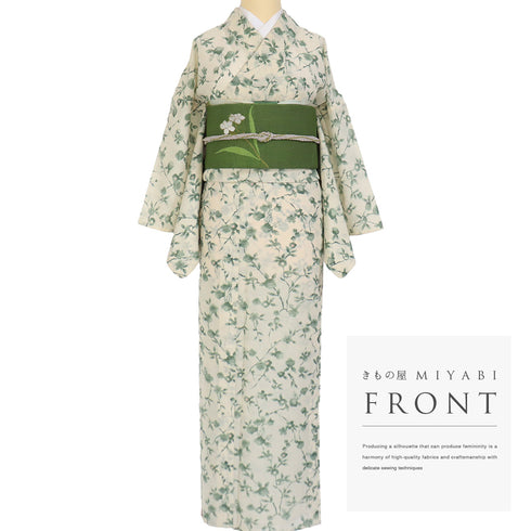 小紋 リサイクル 夏着物 身丈166.2cm 裄66.8cm 絽 花枝柄 既製品 ベージュ LLサイズ お洒落 カジュアル ポリエステル 洗える着物 広衿 Aランク