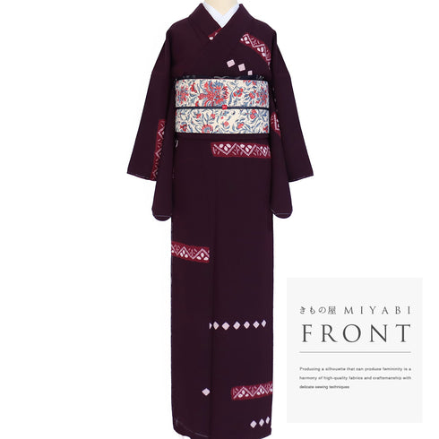 小紋 リサイクル 身丈158.8cm 裄64.4cm 袷 部分絞り柄 パールトーン加工 パープル Mサイズ お洒落 カジュアル 正絹 広衿 Sランク