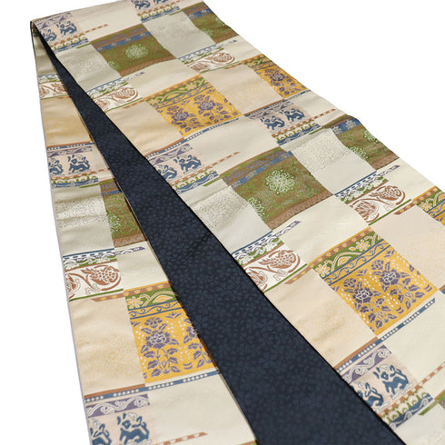 京袋帯 リサイクル 帯丈392cm 全通 市松に矢羽根柄 ベージュ Lサイズ ポリエステル 新品・未使用品 お洒落