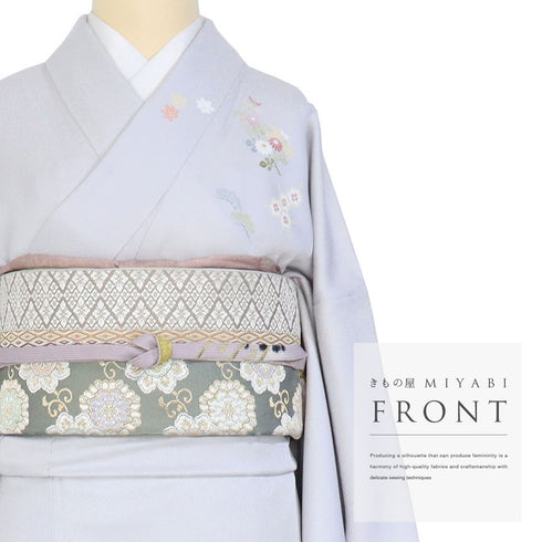 訪問着 リサイクル 身丈163.8cm 裄71.8cm 袷 花丸や華文柄 地紋 金駒刺繍 グレー Lサイズ フォーマル セミフォーマル 正絹 広衿 Sランク