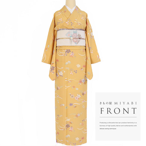 小紋 リサイクル 身丈164.5cm 裄66.4cm 袷 花や鳥柄 オレンジ Lサイズ お洒落 カジュアル 正絹 広衿 Sランク