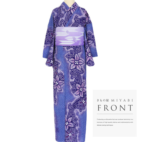 浴衣 リサイクル 夏着物 身丈154.8cm 裄64cm 夏物 絞り 花と蝶々柄 地紋 後身頃居敷当て付き パープル Sサイズ カジュアル 木綿 洗える着物 バチ衿 Aランク