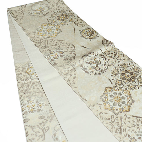 袋帯 リサイクル 帯丈428cm 六通 唐草に鳥柄 立枠唐草華紋 ベージュ Sサイズ 正絹 Sランク フォーマル セミフォーマル