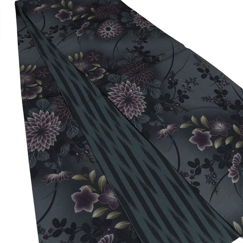 袋名古屋帯 リサイクル 帯丈374cm 全通 撫松庵 花柄 菊・撫子・萩 グレー Mサイズ ポリエステル Sランク カジュアル お洒落