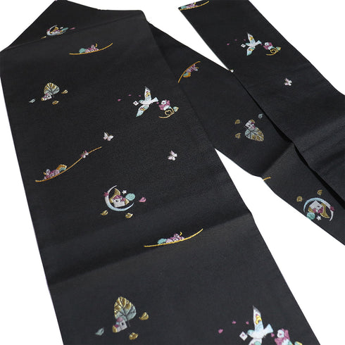 名古屋帯 リサイクル 帯丈369.5cm 六通 メルヘン ブラック Mサイズ ポリエステル Sランク お洒落 カジュアル