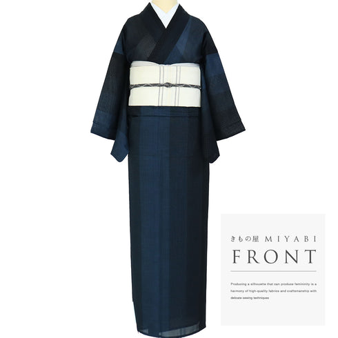 紬 リサイクル 夏着物 身丈155.5cm 裄65.2cm 夏物 夏物 絣寄せ柄に縞模様 ネイビー Mサイズ カジュアル お洒落 混合 洗える着物 広衿 Sランク