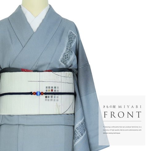 訪問着 リサイクル 身丈164.5cm 裄66.2cm 袷 紬 部分絞り 縞に短冊模様 後染め ゆったりサイズ ブルー Lサイズ お洒落 しつけ糸 正絹 広衿 Sランク