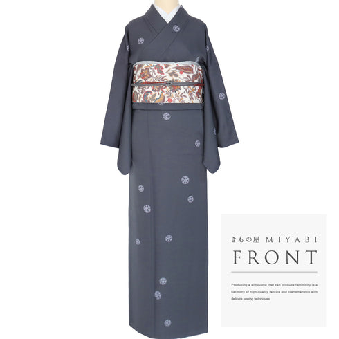 小紋 リサイクル 身丈164.5cm 裄68.4cm 袷 唐草地紋柄 五代 板東八十助 ネイビー Lサイズ お洒落 正絹 広衿 Aランク