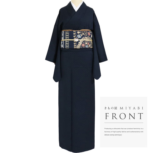 紬 リサイクル 身丈164cm 裄65cm 袷 市松柄 地紋 パールトーン加工 ネイビー Lサイズ お洒落 落款 しつけ糸 正絹 広衿 Sランク