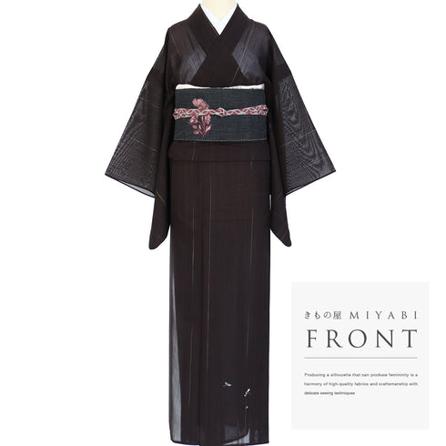 紬 リサイクル 夏着物 身丈161cm 裄66.8cm 夏物 夏物 刺繍 パールトーン加工済 縞模様 トンボ柄 ブラウン Lサイズ カジュアル お洒落 正絹 広衿 Sランク