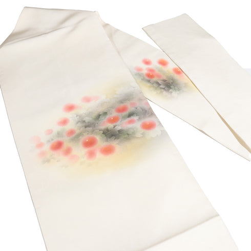 名古屋帯 リサイクル 帯丈350cm ポイント柄 塩瀬 花柄 ベージュ Sサイズ 正絹 Sランク お洒落 カジュアル 落款