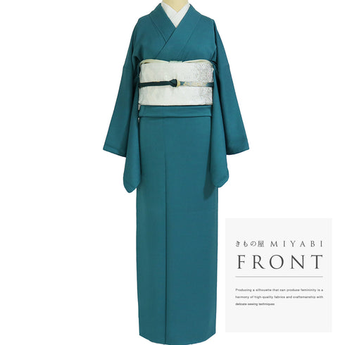 色無地 リサイクル 身丈169cm 裄69.6cm 袷 ブルー LLサイズ セミフォーマル 一つ紋 正絹 広衿 地紋あり Sランク