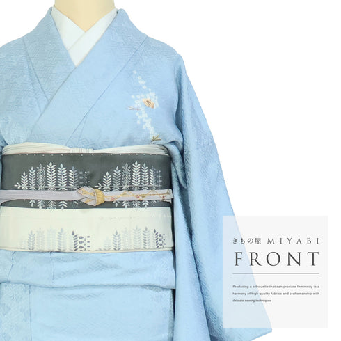 付下げ リサイクル 身丈159.3cm 裄66.4cm 袷 流水柄 花柄 絞り 刺繍 地紋 ブルー Mサイズ セミフォーマル お洒落 一つ紋 正絹 広衿 Sランク