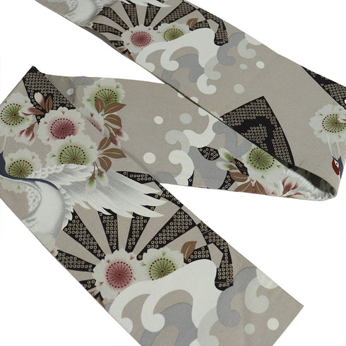 半巾帯 リサイクル 帯丈398cm 全通 鶴や波や花柄 両面柄 撫松庵 グレー SSサイズ 正絹 Sランク カジュアル お洒落