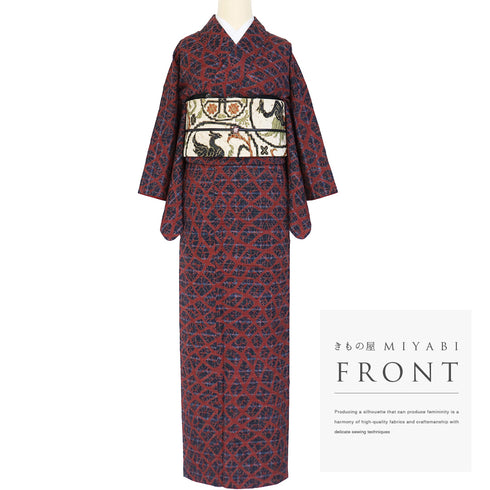 紬 リサイクル 身丈156cm 裄62.8cm 袷 格子紬に巻き上げ絞り柄 多色 Mサイズ お洒落 カジュアル 正絹 広衿 Sランク