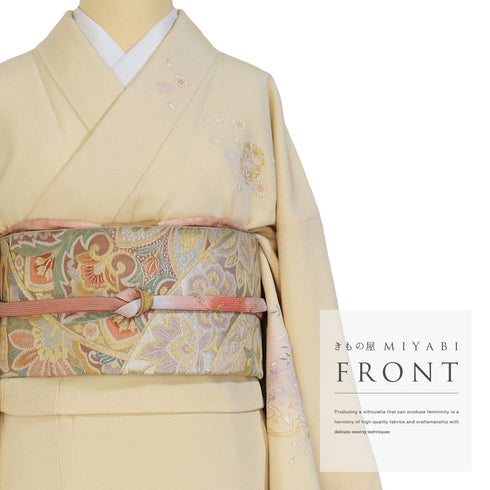 付下げ リサイクル 身丈165.3cm 裄66.4cm 袷 雪輪に枝垂れ桜柄 金駒刺繍 箔 ベージュ Lサイズ フォーマル セミフォーマル しつけ糸 正絹 広衿 Sランク