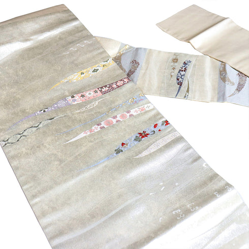 名古屋帯 リサイクル 帯丈354.5cm 六通 絹粋乃匠 吉祥文様 シルバー Sサイズ 正絹 Sランク お洒落