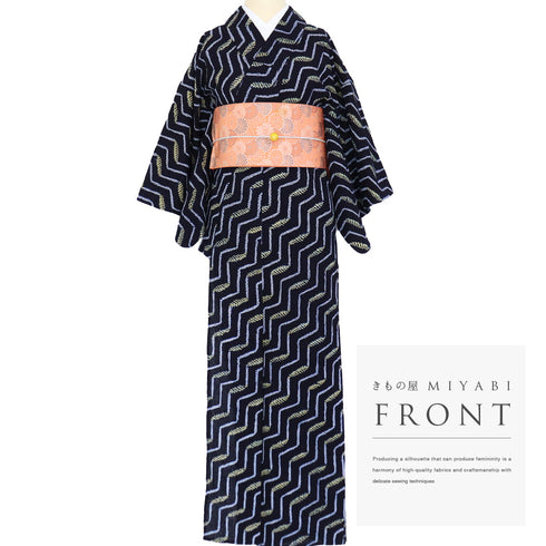 浴衣 リサイクル 夏着物 身丈142.7cm 裄60.4cm 夏物 ジュニアサイズ 幾何学模様 ネイビー 規格外サイズ カジュアル 木綿 洗える着物 バチ衿 Sランク