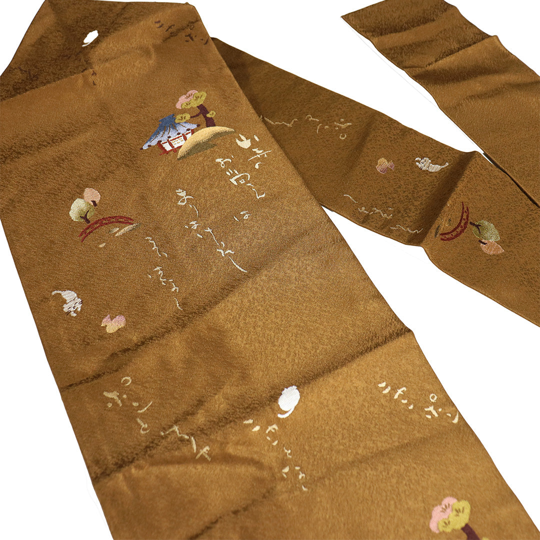 リサイクル名古屋帯 帯丈360cm 六通 風景模様に猫柄 ブラウン M