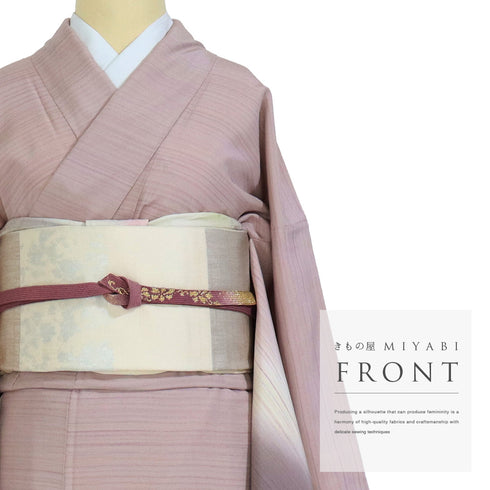 付下げ リサイクル 身丈156.8cm 裄66cm 袷 紬 横縞模様 染め パールトーン加工 ピンク Mサイズ お洒落 カジュアル 正絹 広衿 Aランク