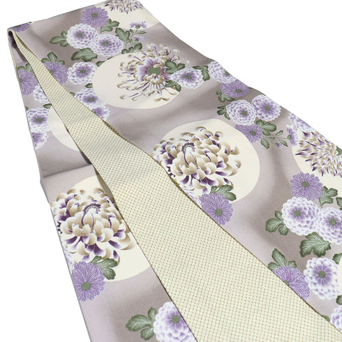 京袋帯 リサイクル 帯丈384cm 全通 菊柄 一重太鼓 撫松庵 ベージュ Lサイズ ポリエステル 新品・未使用品 カジュアル お洒落