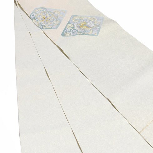 名古屋帯 リサイクル 帯丈364cm ポイント柄 綴れ帯 菱に鳳凰柄 ベージュ Mサイズ 正絹 Sランク お洒落