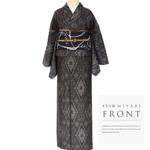 紬 リサイクル 身丈163.3cm 裄66.8cm 袷 花菱模様 ブラック Lサイズ お洒落 お洒落 正絹 広衿 Sランク