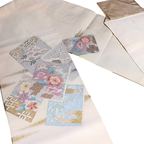 名古屋帯 リサイクル 帯丈362cm ポイント柄 色紙に花柄 アイボリー Mサイズ 正絹 Sランク お洒落