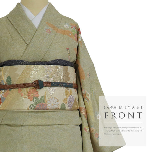 訪問着 リサイクル 身丈157cm 裄65.2cm 袷 松井清々 箔 松竹梅柄 グリーン Mサイズ セミフォーマル 落款 正絹 広衿 Sランク